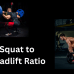 A Man Squatting and a Man Deadlifting & the text, "Squat to Deadlift Ratio"