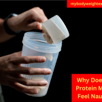 A woman's hands using a scoop to pour whey protein into her water bottle